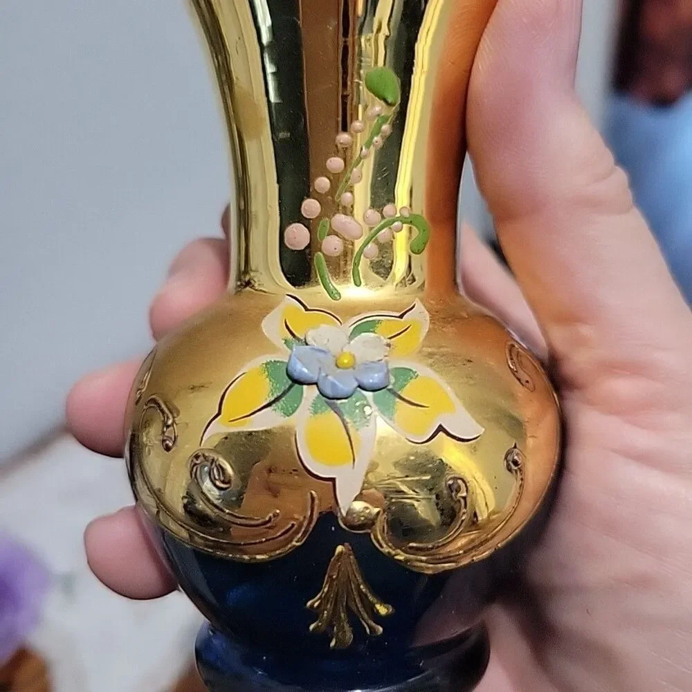 Vintage Venetian Murano Cobalt Blue Vase Floral Enamel 24K Gold Painted Art 4